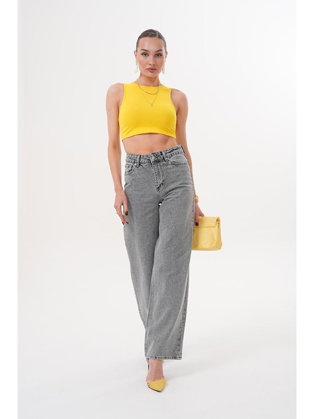 Gri Kadın Palazzo Salaş Paça Süper Yüksek Bel Jean Pantolon Füme-7