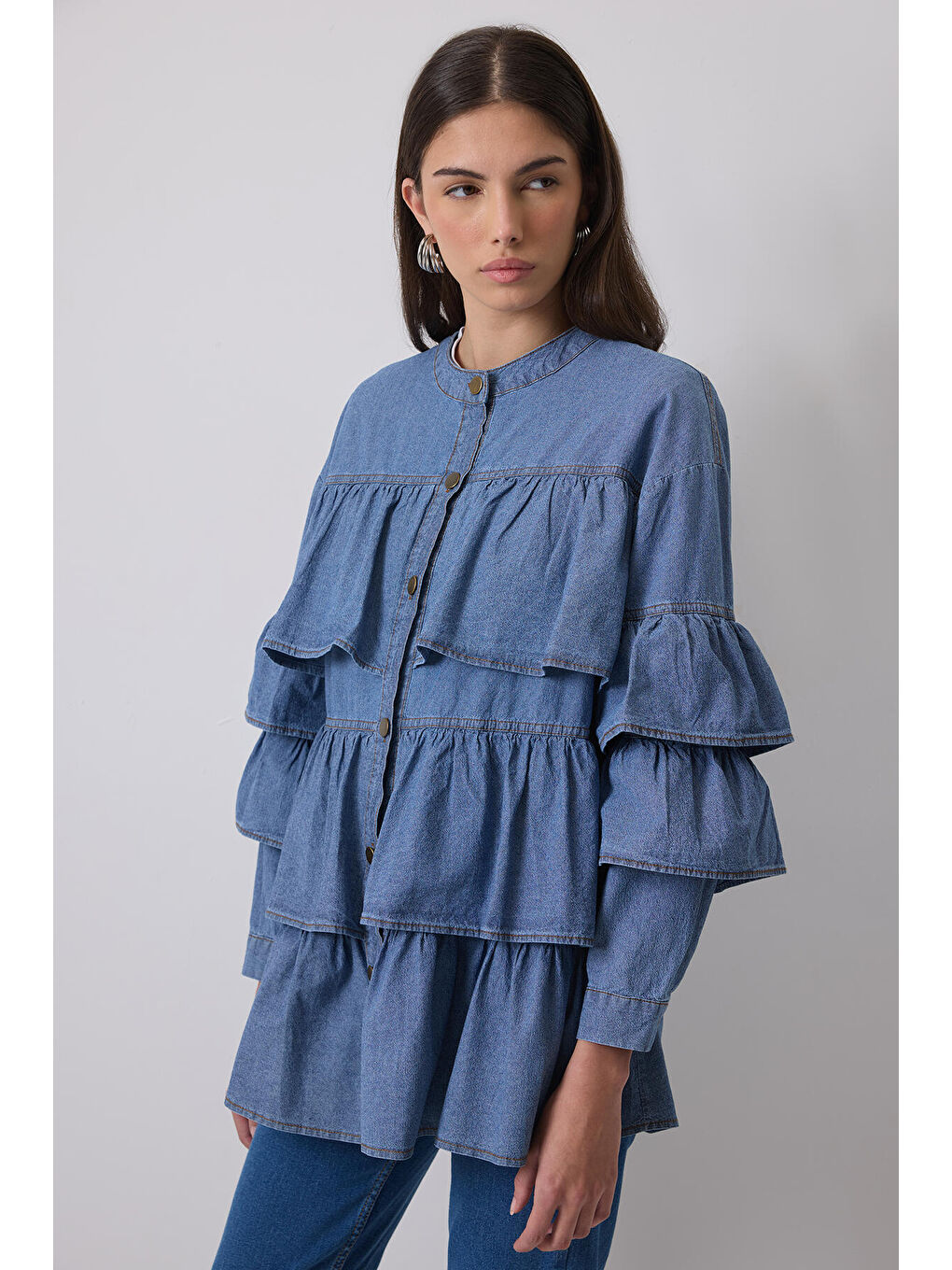 Touché Mavi Fırfırlı Denim Ceket - 1