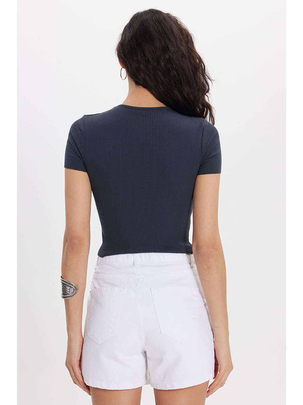 Kadın Slim Fit Dar Kesim %100 Pamuk Bisiklet Yaka Kısa Kol Antrasit Crop-4