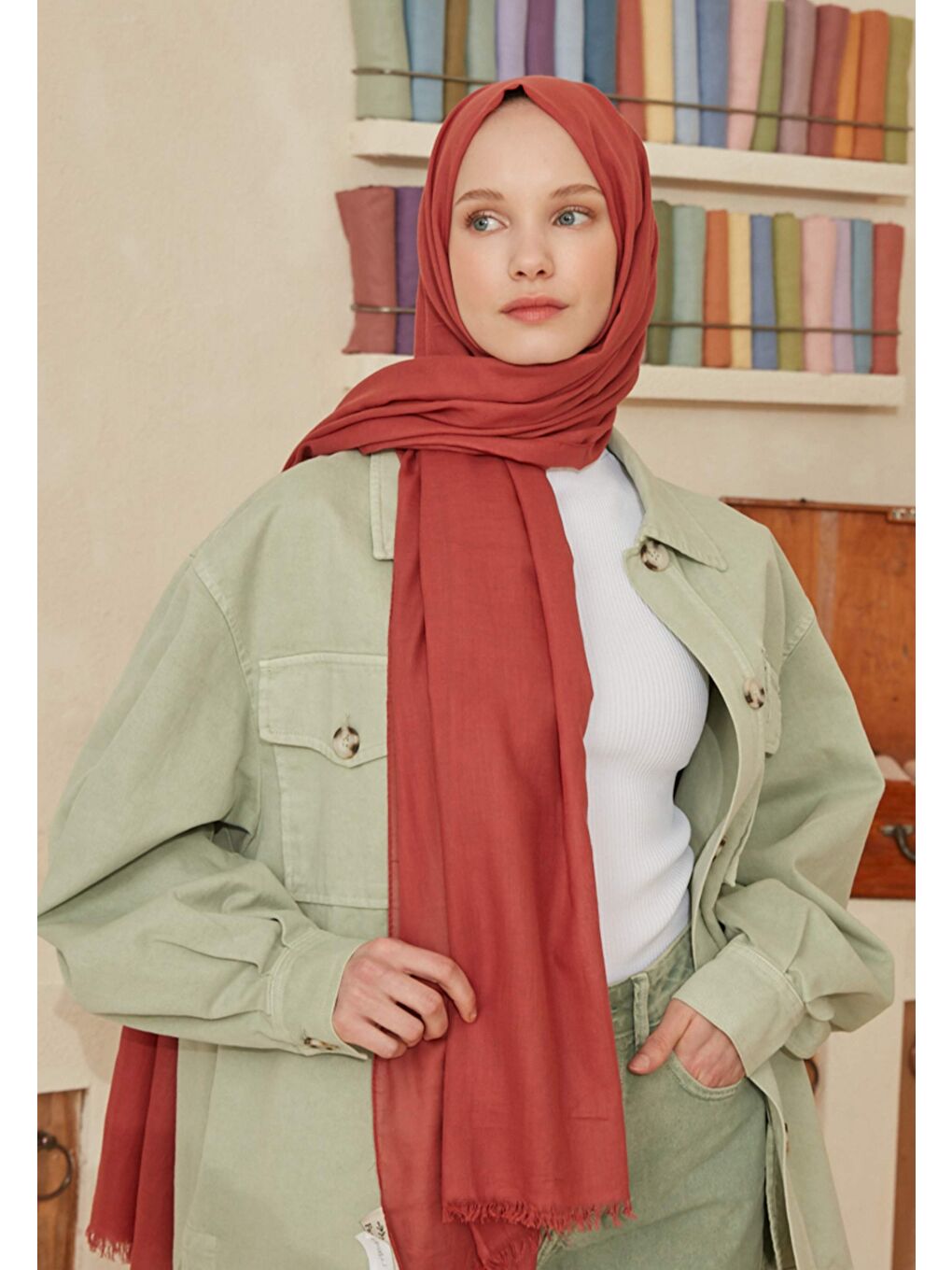 Pembe İnce Pamuk Vual Şal Şeftalı-1