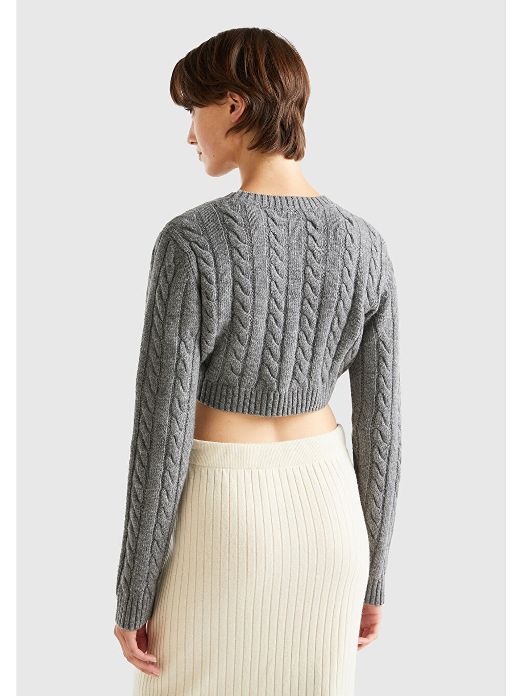 Kadın Antrasit Melanj Yün Karışımlı Saç Örgülü Crop Kazak-2