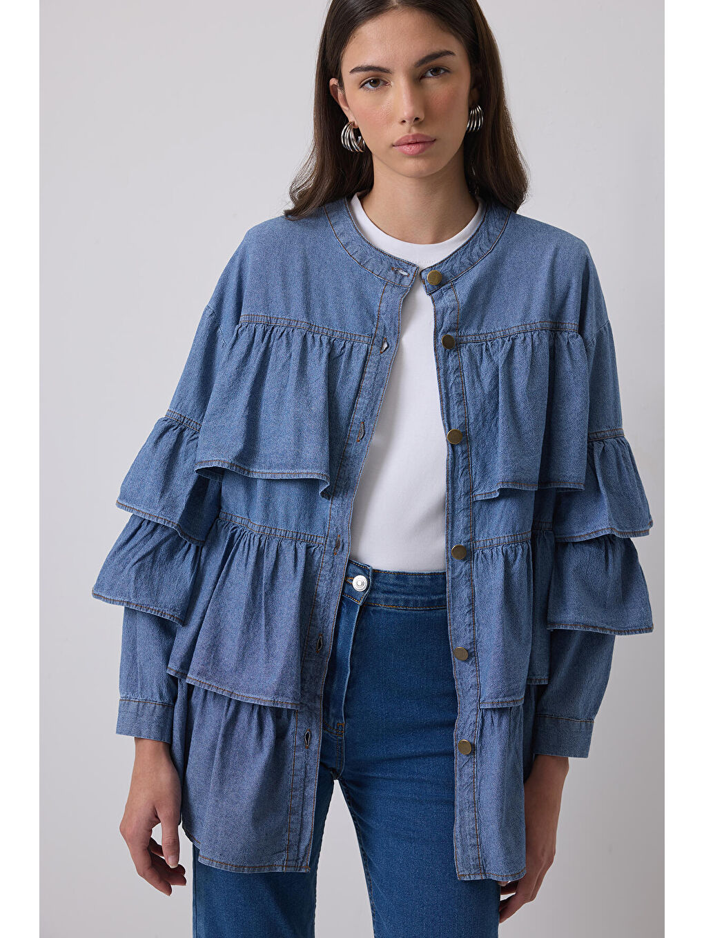 Touché Mavi Fırfırlı Denim Ceket - 2