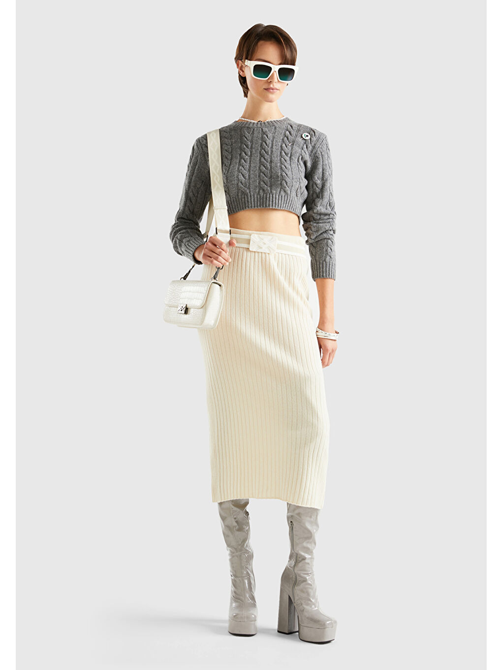 Kadın Antrasit Melanj Yün Karışımlı Saç Örgülü Crop Kazak-4