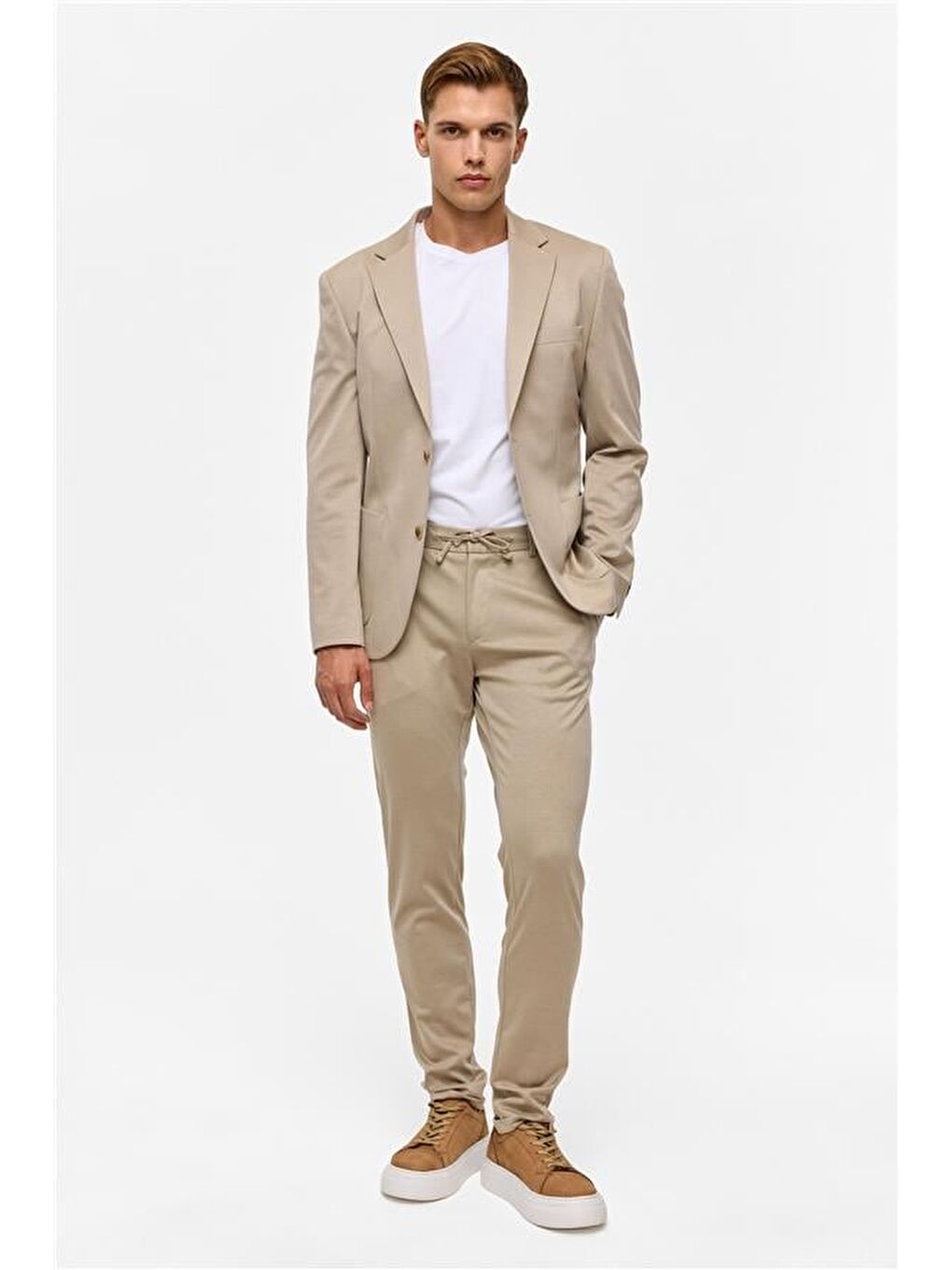 Bej Slim Düz Mono Yaka 6 Drop Jogger Pantolon-1