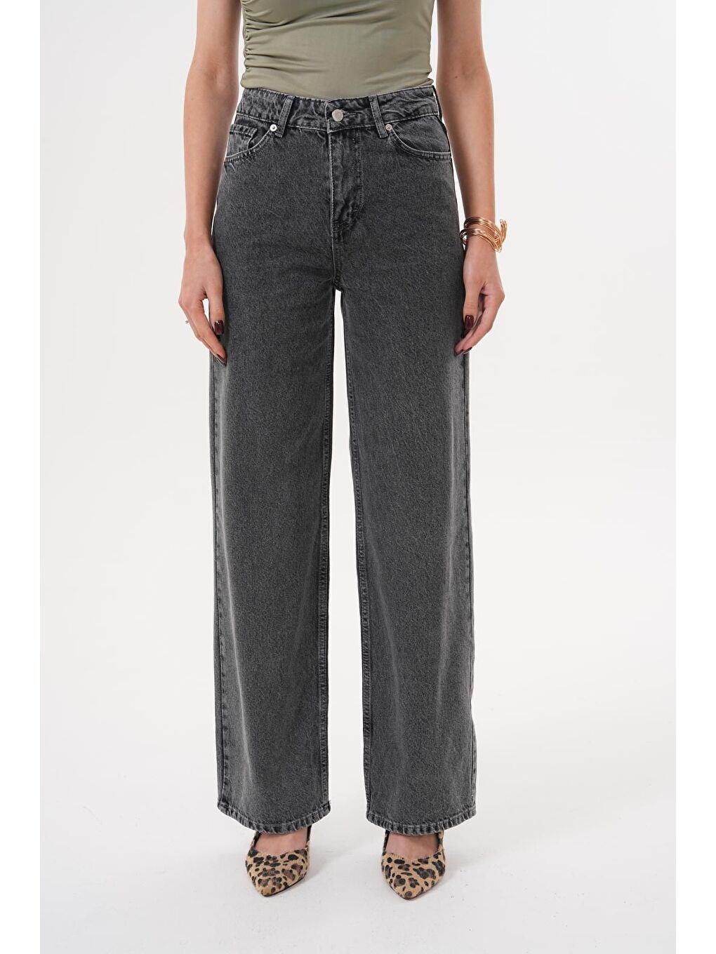 Kadın Palazzo Salaş Paça Süper Yüksek Bel Jean Pantolon Antrasit