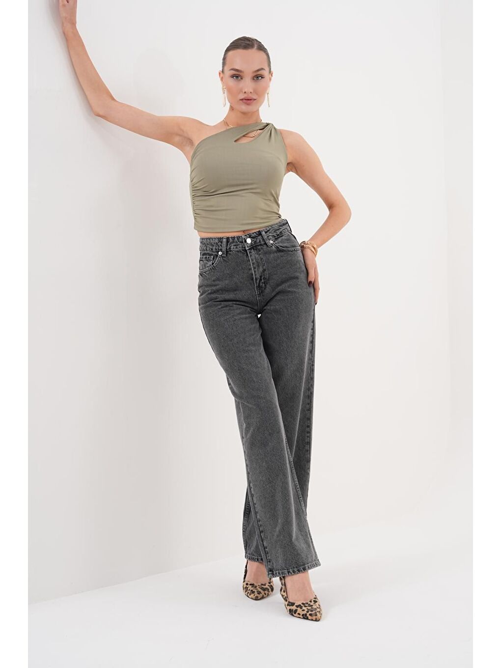 Kadın Palazzo Salaş Paça Süper Yüksek Bel Jean Pantolon Antrasit-1