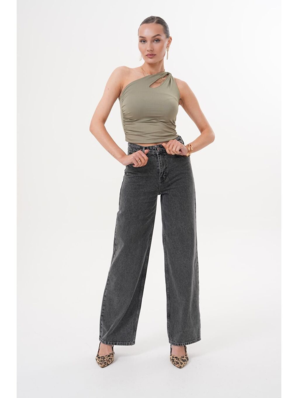 Kadın Palazzo Salaş Paça Süper Yüksek Bel Jean Pantolon Antrasit-2