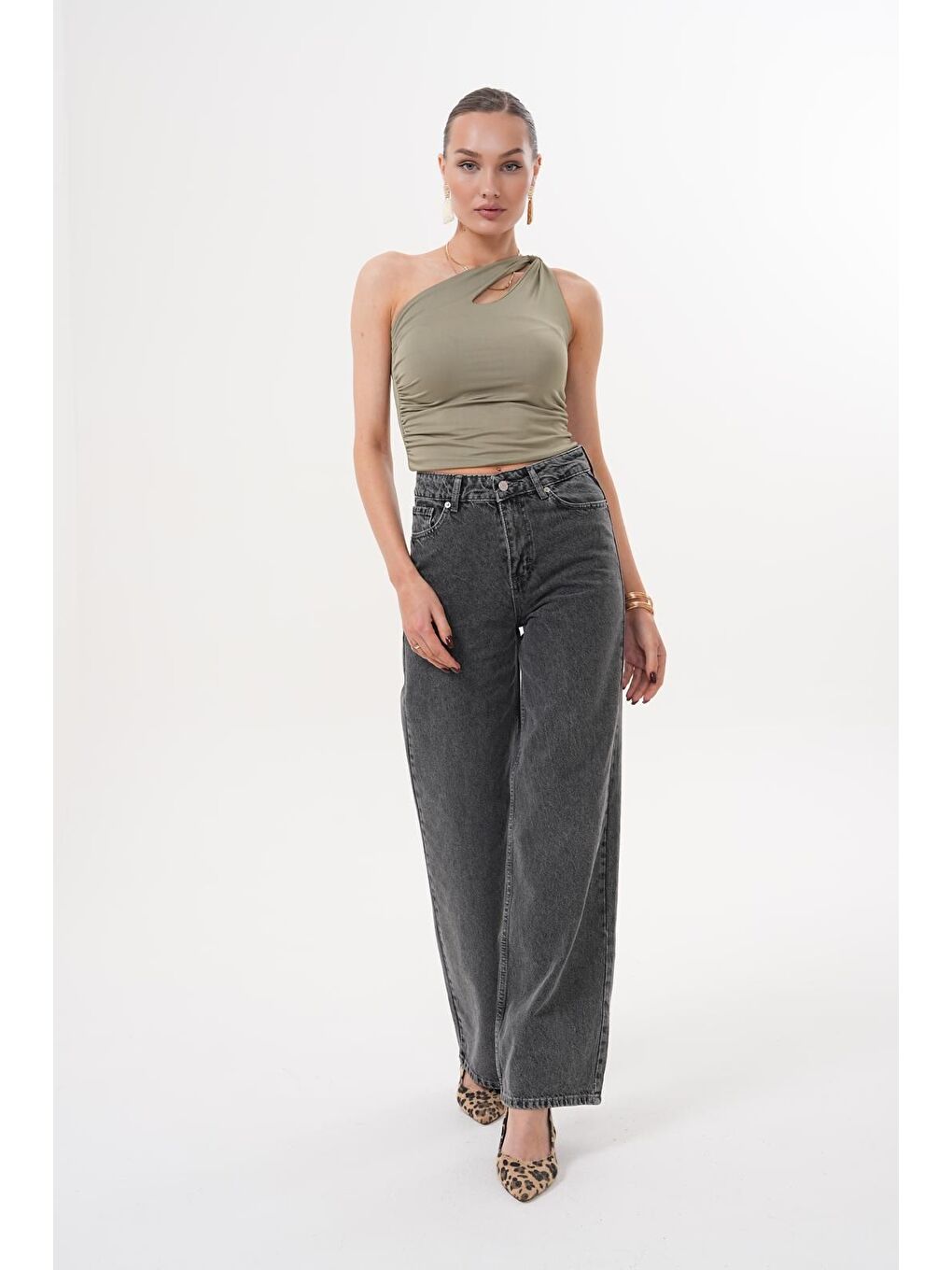 Kadın Palazzo Salaş Paça Süper Yüksek Bel Jean Pantolon Antrasit-3