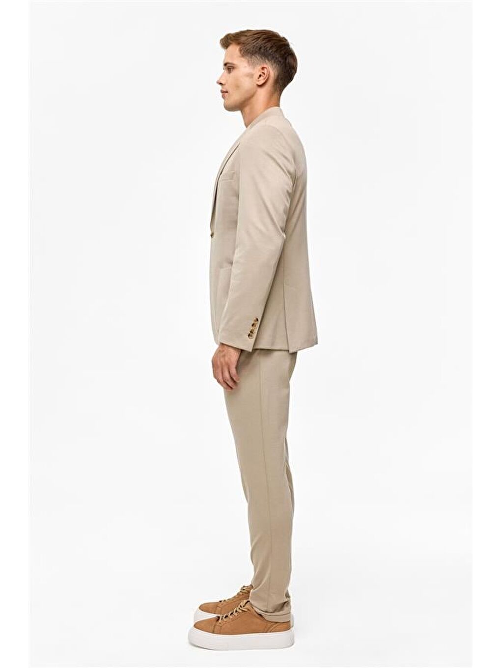 Bej Slim Düz Mono Yaka 6 Drop Jogger Pantolon-3