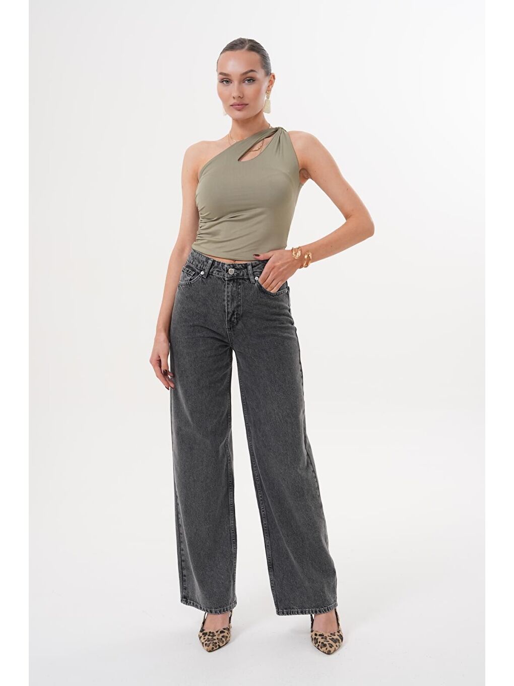 Kadın Palazzo Salaş Paça Süper Yüksek Bel Jean Pantolon Antrasit-7