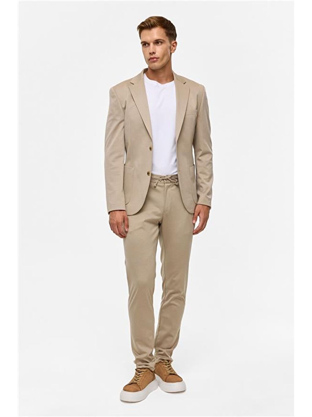 Bej Slim Düz Mono Yaka 6 Drop Jogger Pantolon-4