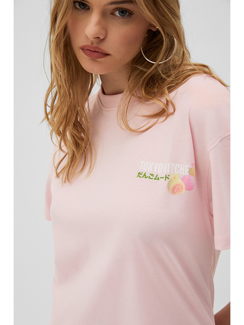 Pembe MOCHI Kadın %100 Organik Pamuklu Yuvarlak Yakalı Baskılı PEMBE T-Shirt-5