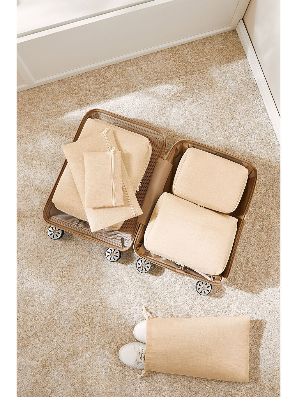 Bej 6'lı Jüt Keten Kumaş Bavul İçi Düzenleyici Set-1