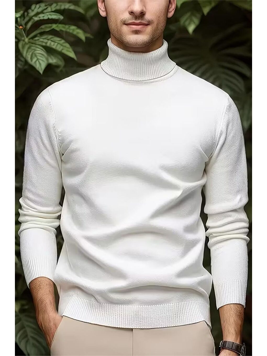 Beyaz Premium Slim Fit Pamuk Polyester Erkek Boğazlı Kazak Triko