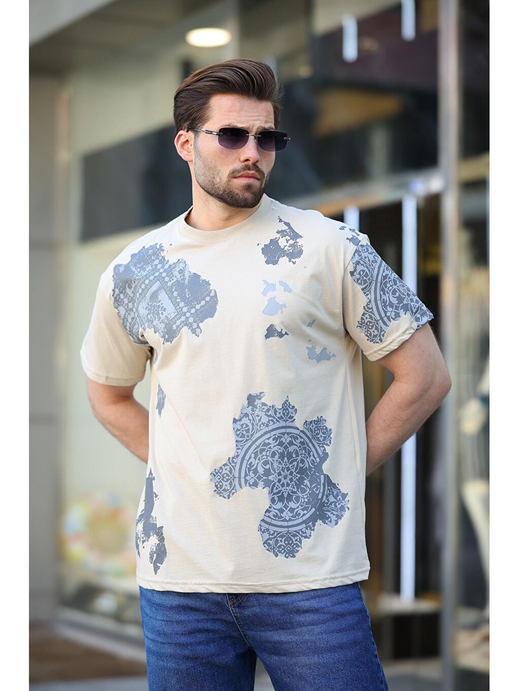 Bej %100 Pamuklu Desenli Erkek Tişört E7142