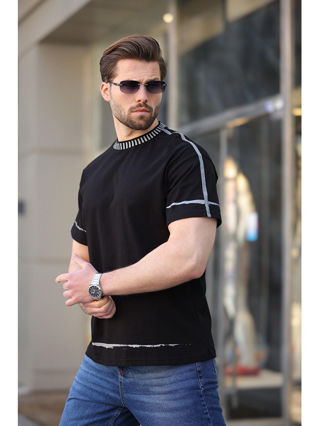 Siyah Bisiklet Yaka Basic Erkek Tişört E7140-1