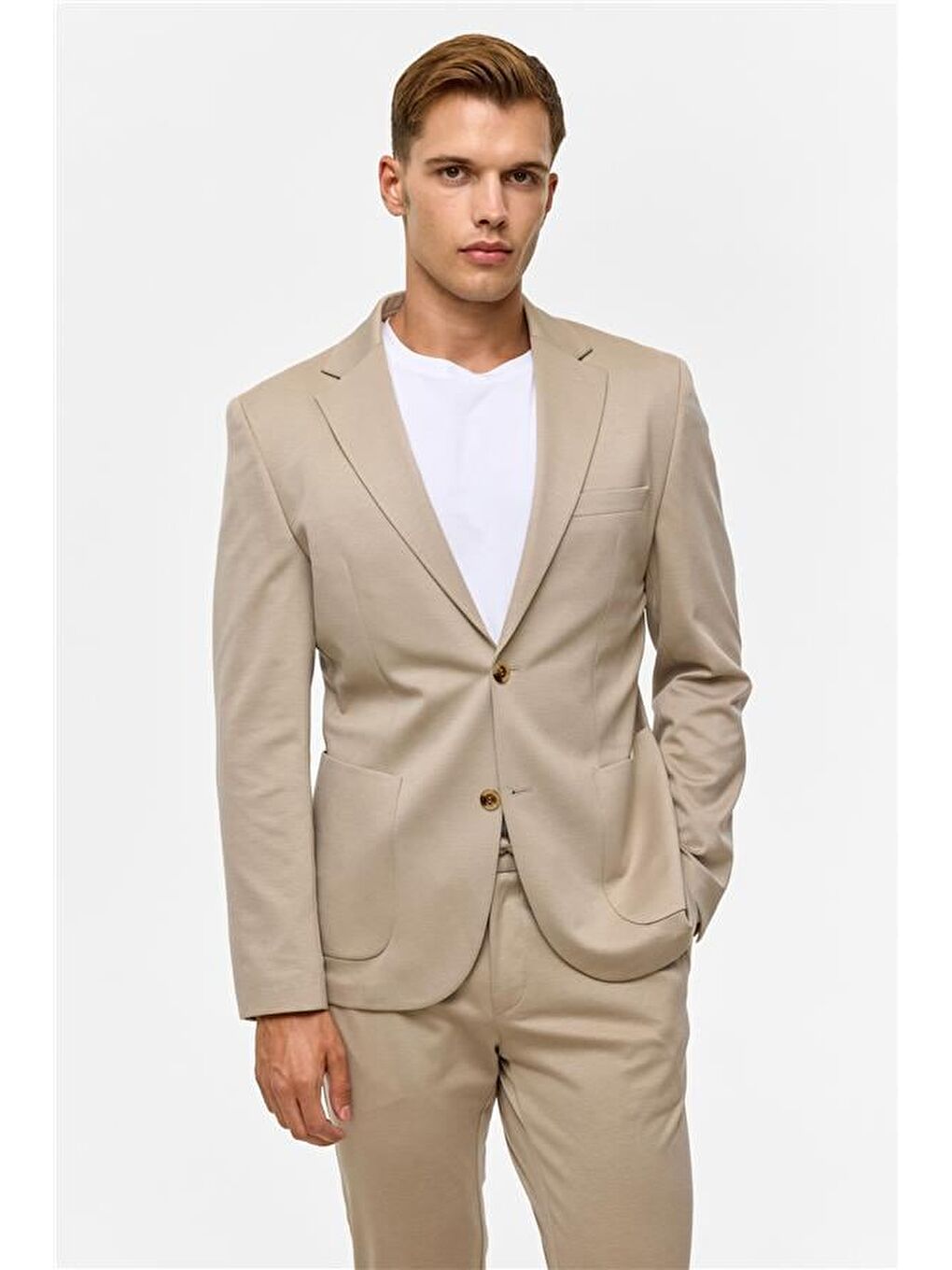 Bej Slim Düz Mono Yaka 6 Drop Jogger Pantolon-5