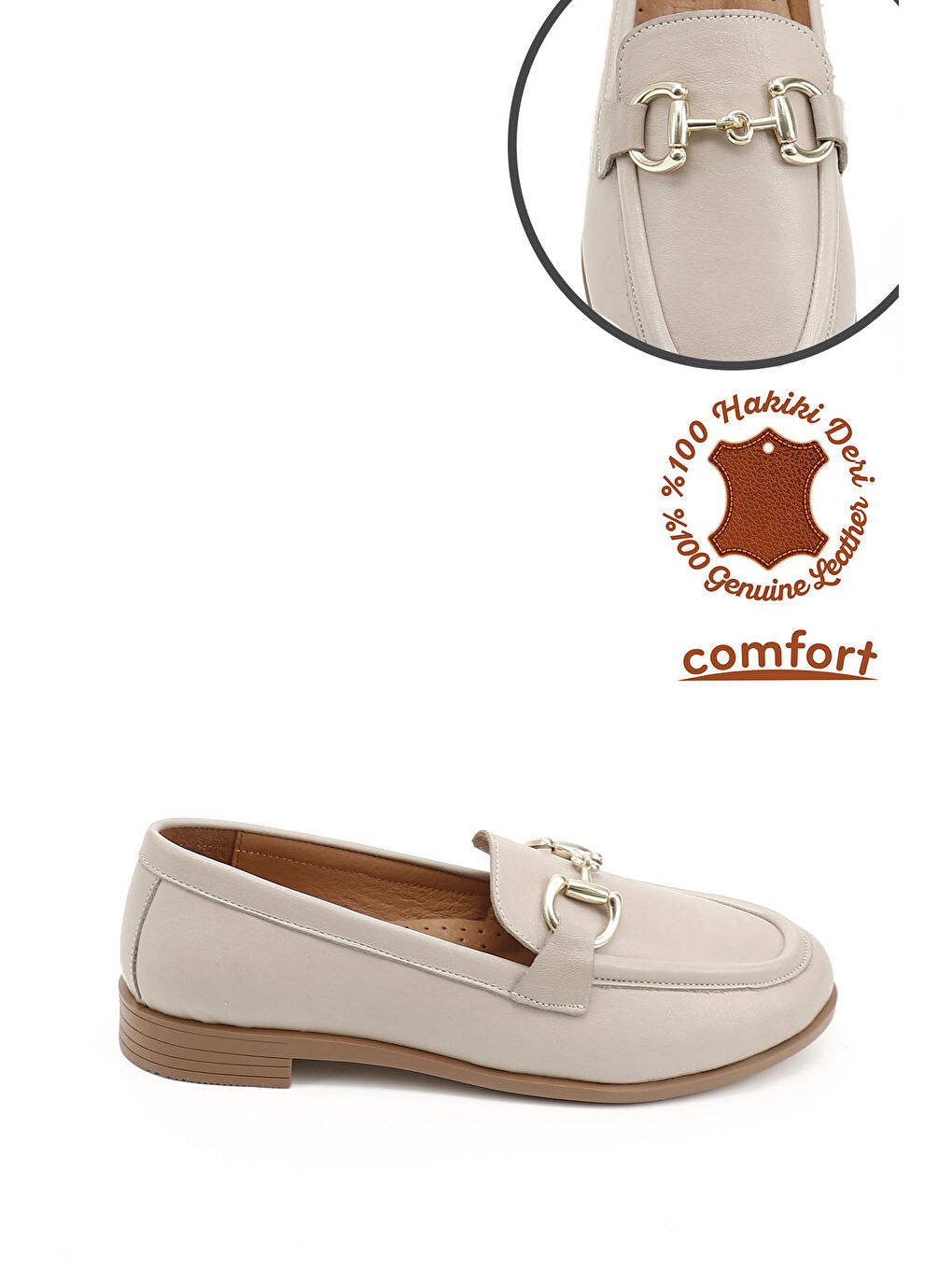 Bej Kadın BEJ-VİZON Tokalı Hakiki Deri Loafer Ayakkabı-2
