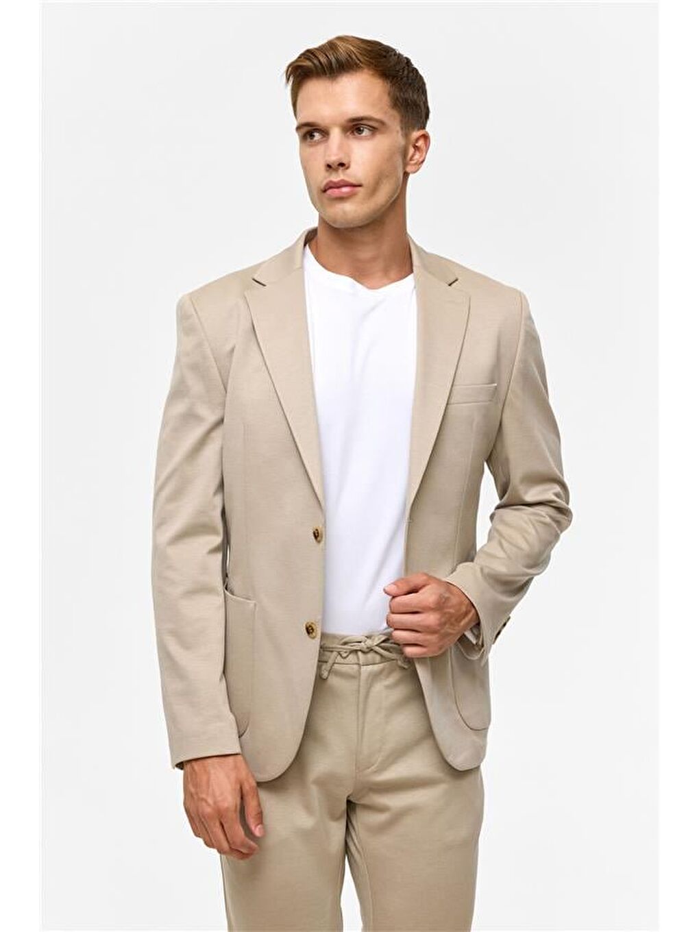 Bej Slim Düz Mono Yaka 6 Drop Jogger Pantolon-6