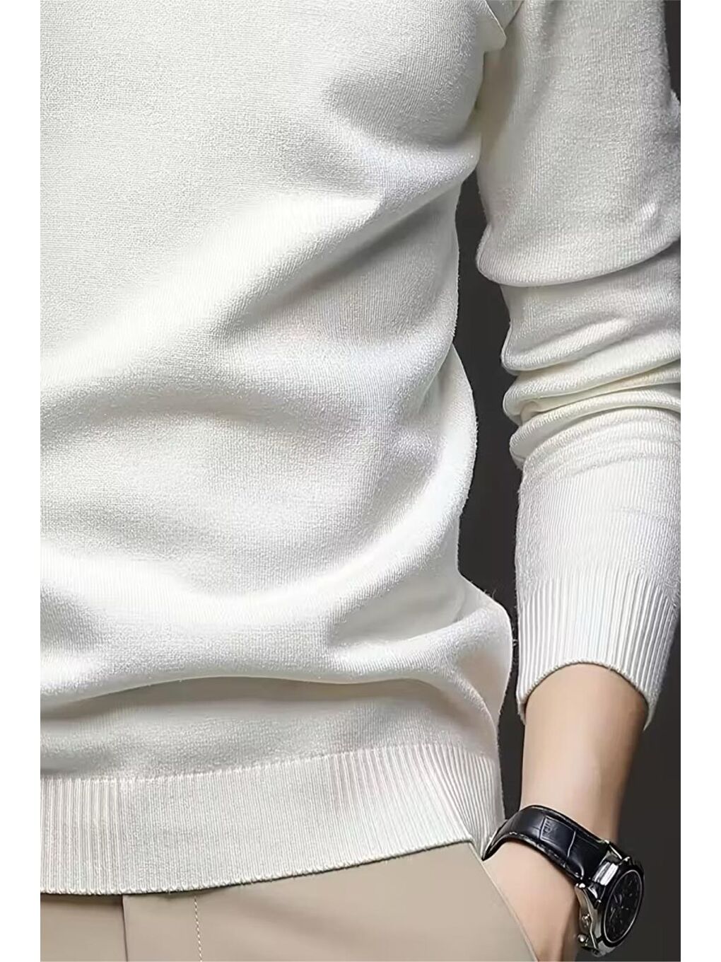 Beyaz Premium Slim Fit Pamuk Polyester Erkek Boğazlı Kazak Triko-2