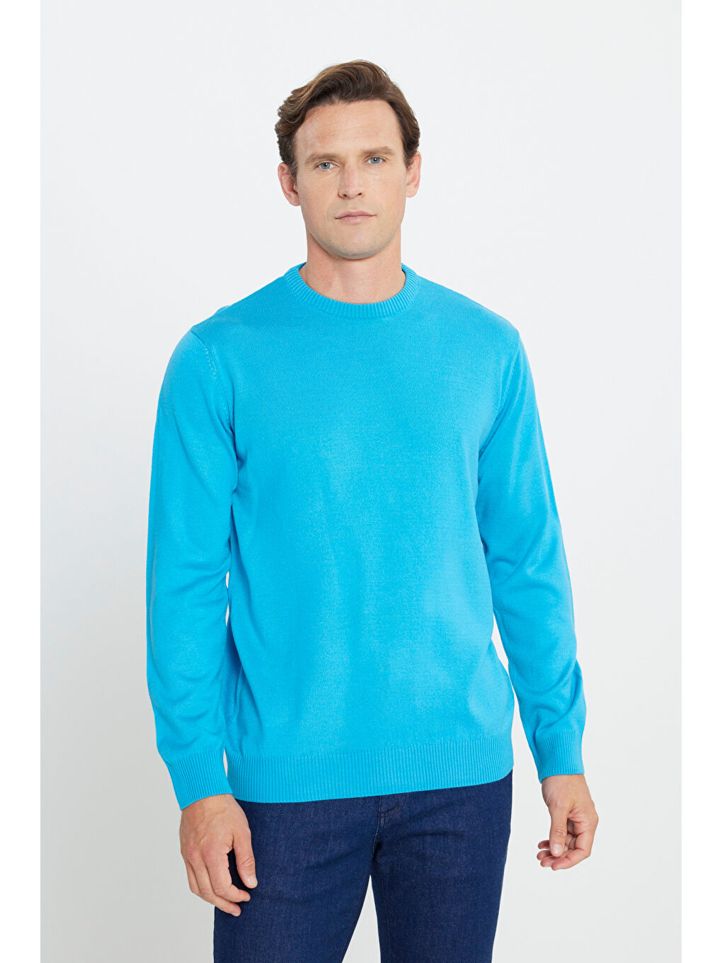 Erkek Turkuaz Anti-Pilling Tüylenme Yapmayan Standart Fit Normal Kesim Bisiklet Yaka Triko Kazak