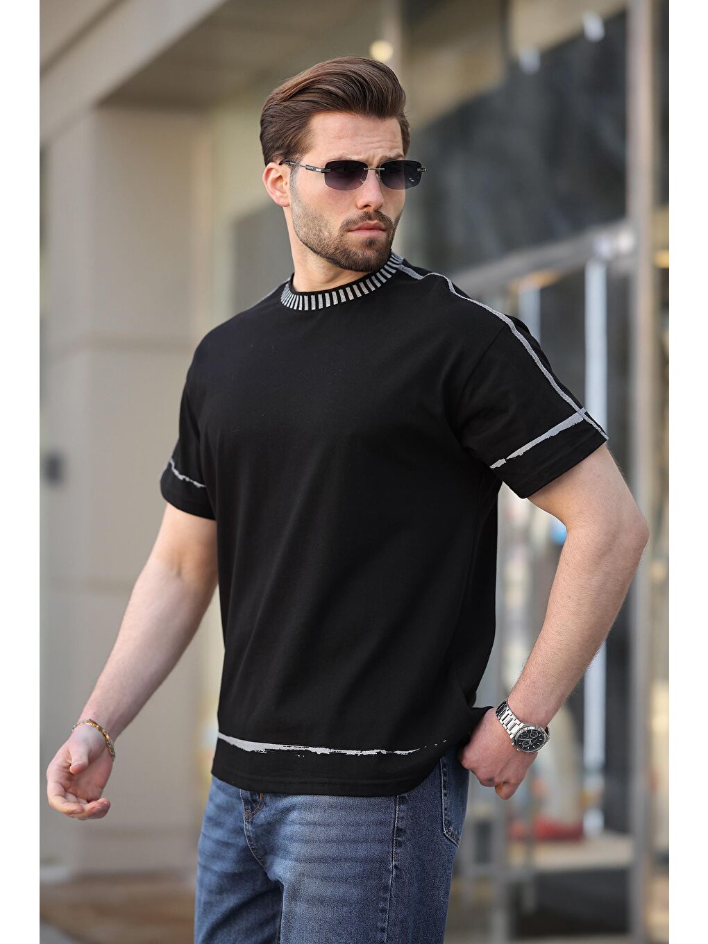 Siyah Bisiklet Yaka Basic Erkek Tişört E7140-2