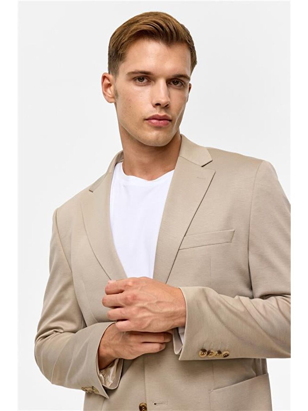 Bej Slim Düz Mono Yaka 6 Drop Jogger Pantolon-7