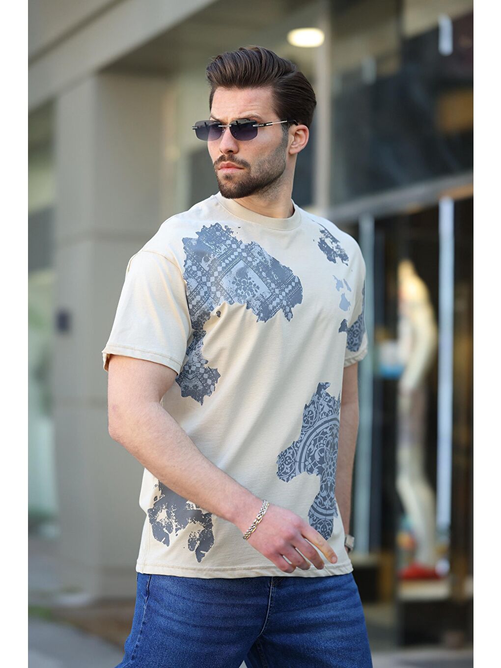 Bej %100 Pamuklu Desenli Erkek Tişört E7142-1