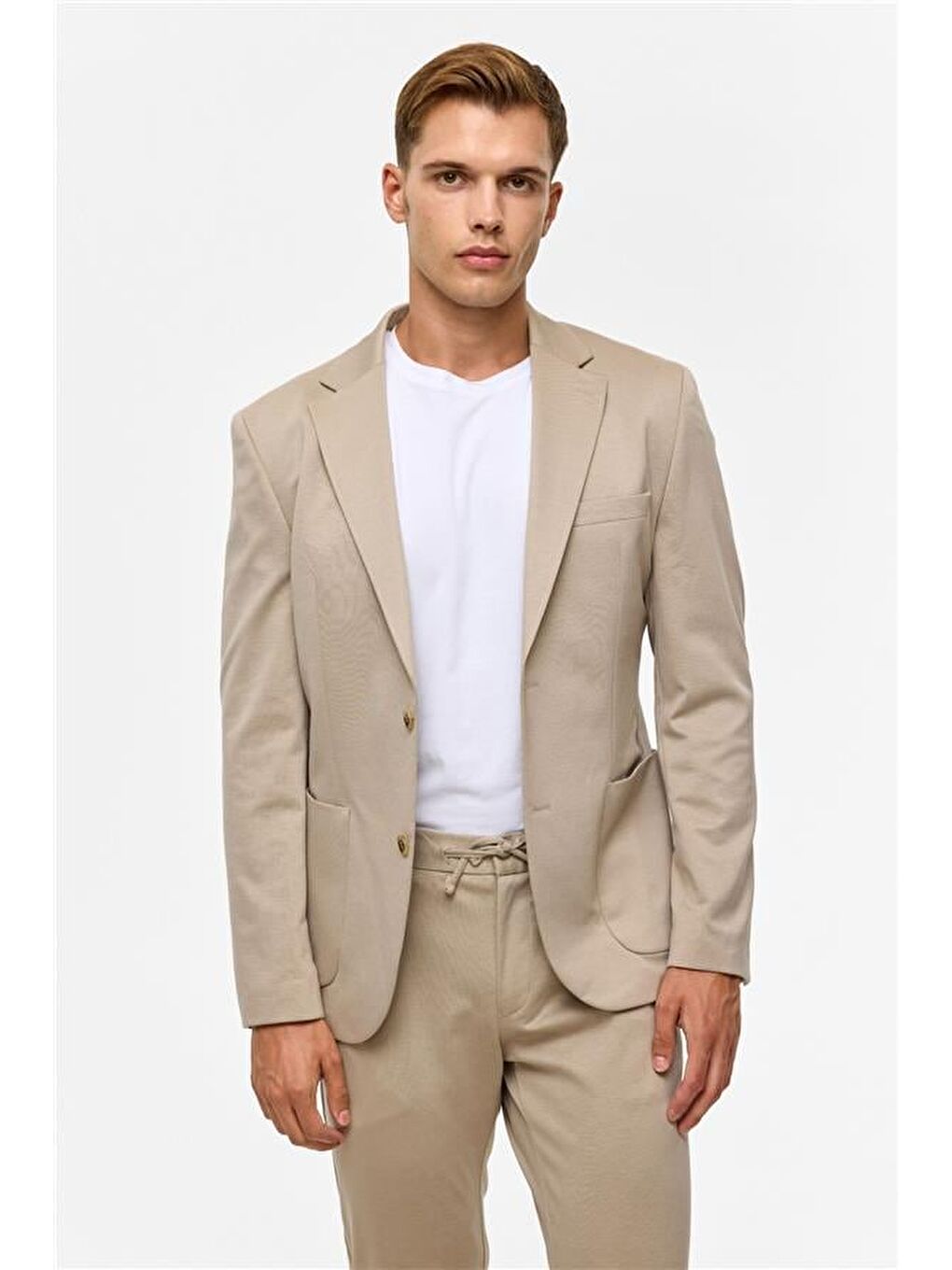 Bej Slim Düz Mono Yaka 6 Drop Jogger Pantolon-8