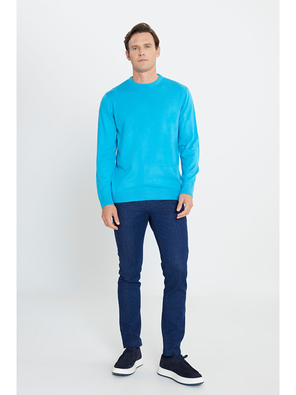 Erkek Turkuaz Anti-Pilling Tüylenme Yapmayan Standart Fit Normal Kesim Bisiklet Yaka Triko Kazak-1