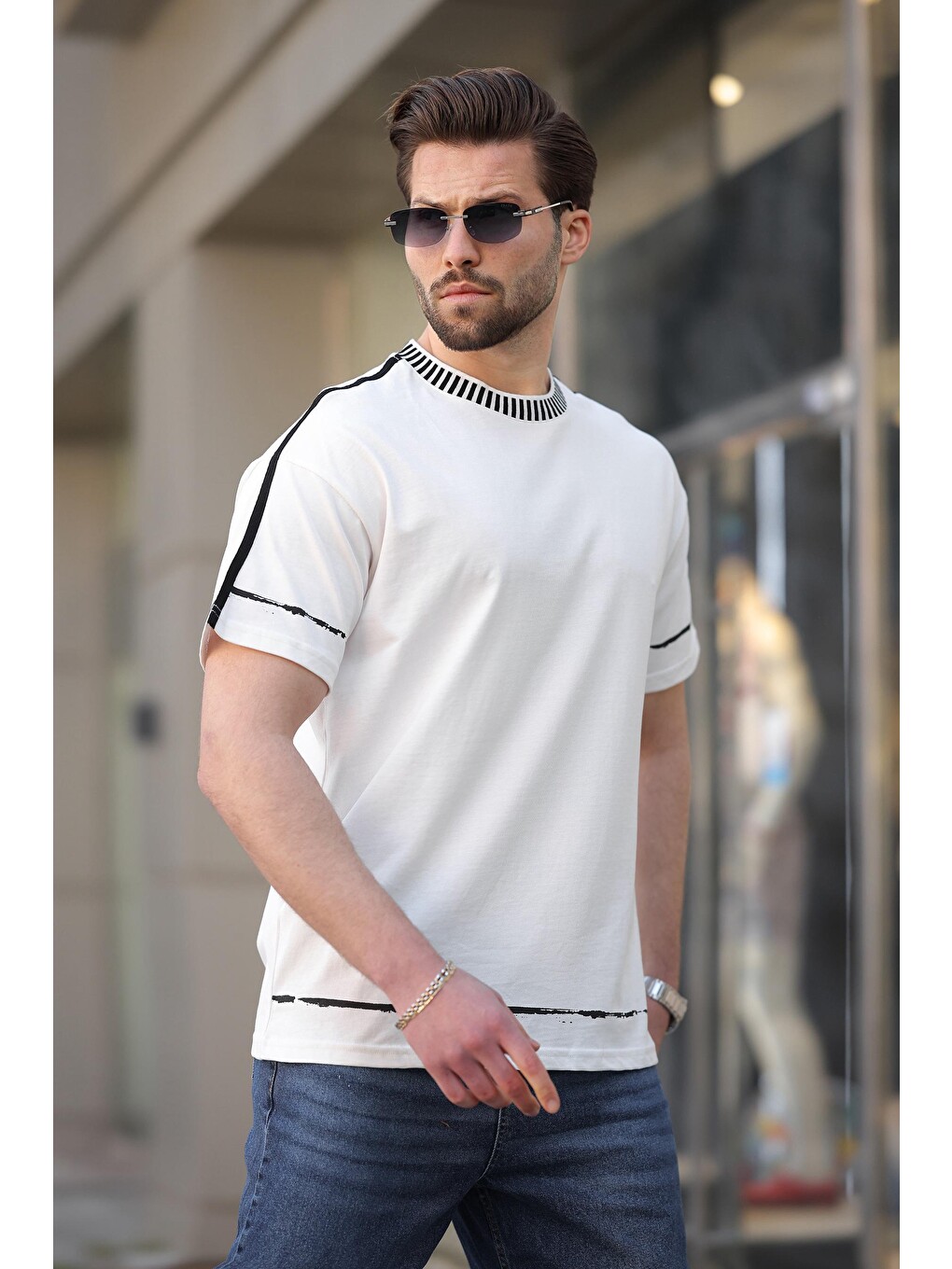 Ekru Bisiklet Yaka Basic Erkek Tişört E7140-1
