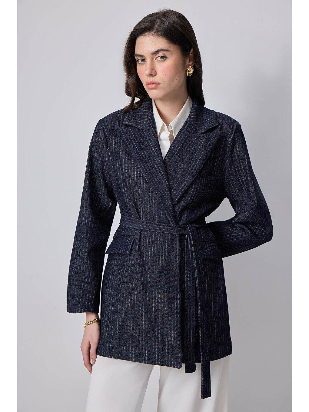 Touché Lacivert Çizgili Denim Ceket - 1