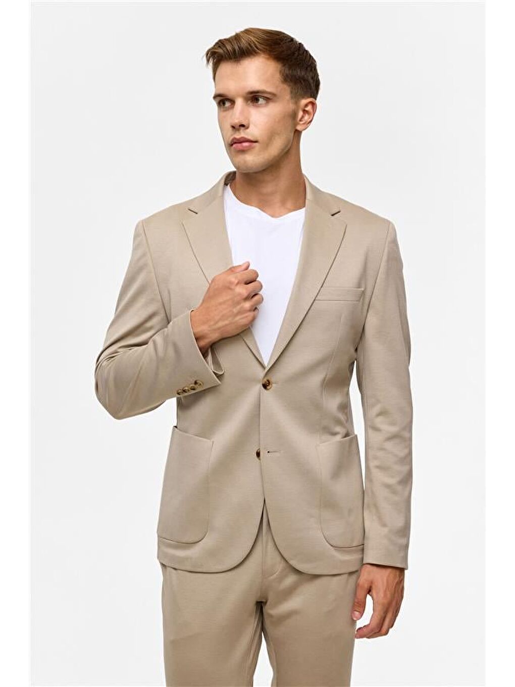 Bej Slim Düz Mono Yaka 6 Drop Jogger Pantolon-9