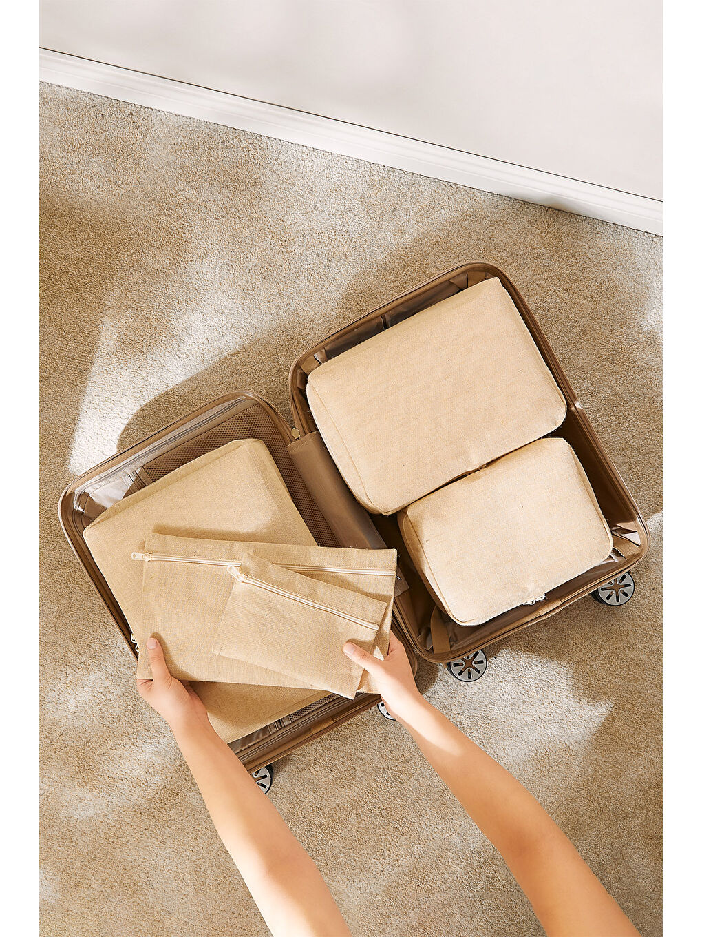 Bej 6'lı Jüt Keten Kumaş Bavul İçi Düzenleyici Set-2