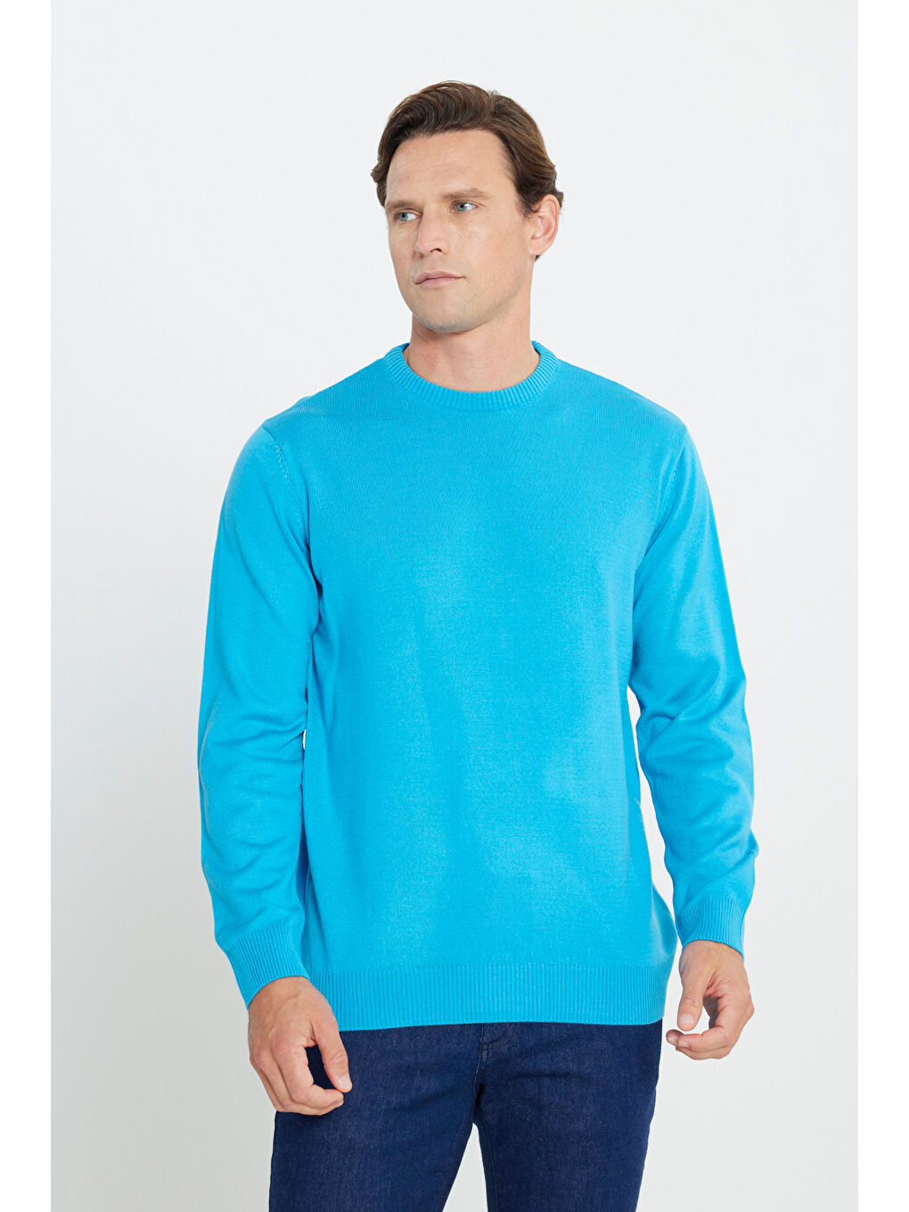 Erkek Turkuaz Anti-Pilling Tüylenme Yapmayan Standart Fit Normal Kesim Bisiklet Yaka Triko Kazak-2