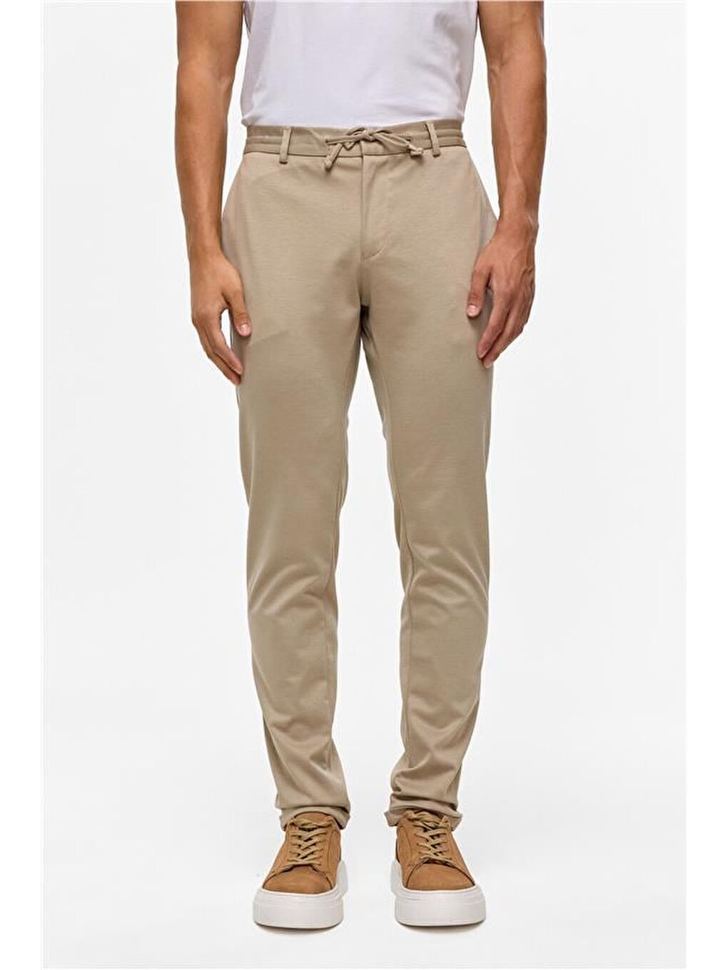 Bej Slim Düz Mono Yaka 6 Drop Jogger Pantolon-10