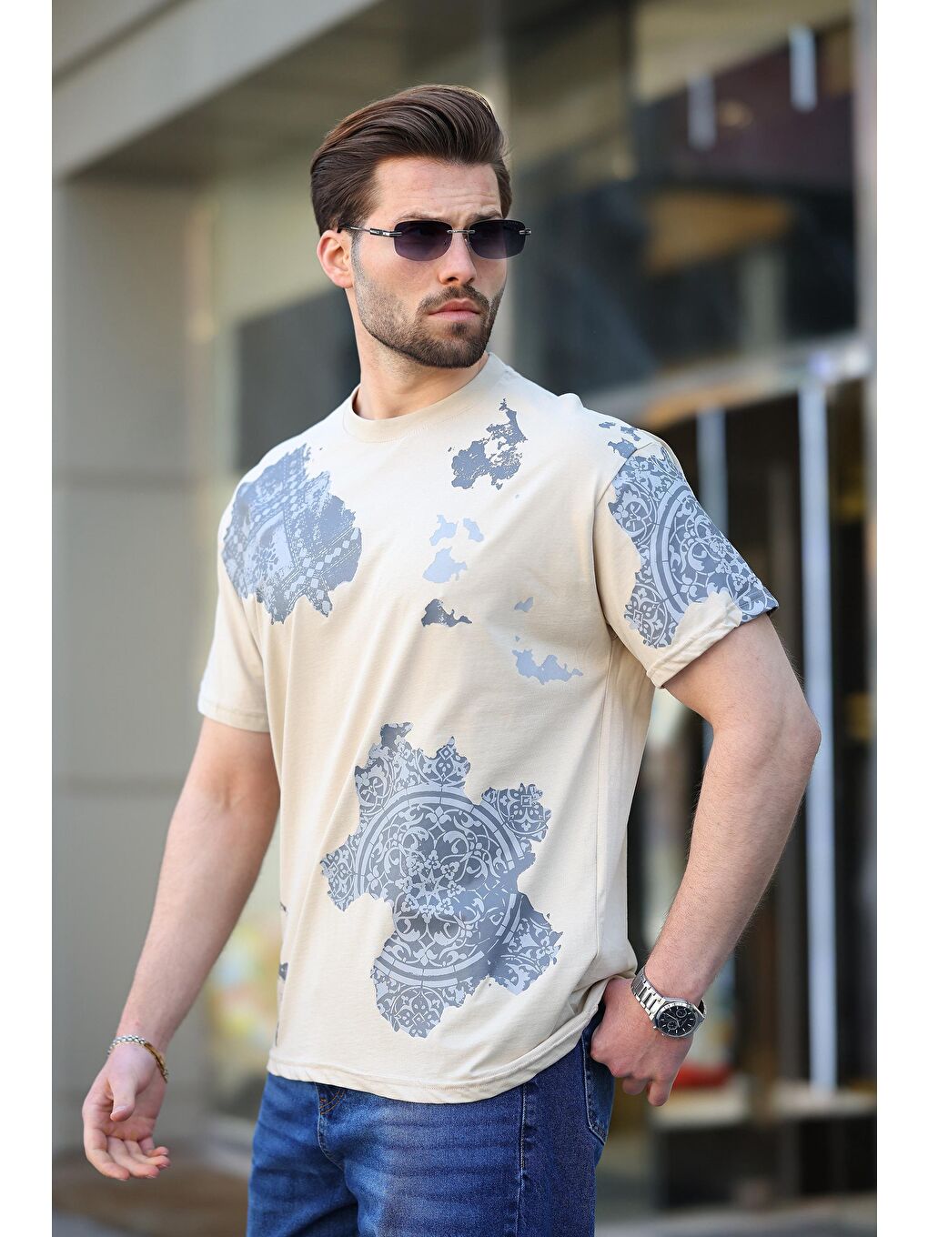 Bej %100 Pamuklu Desenli Erkek Tişört E7142-2