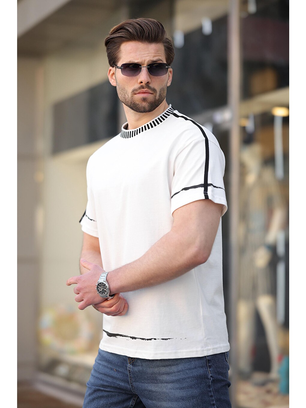 Ekru Bisiklet Yaka Basic Erkek Tişört E7140-2