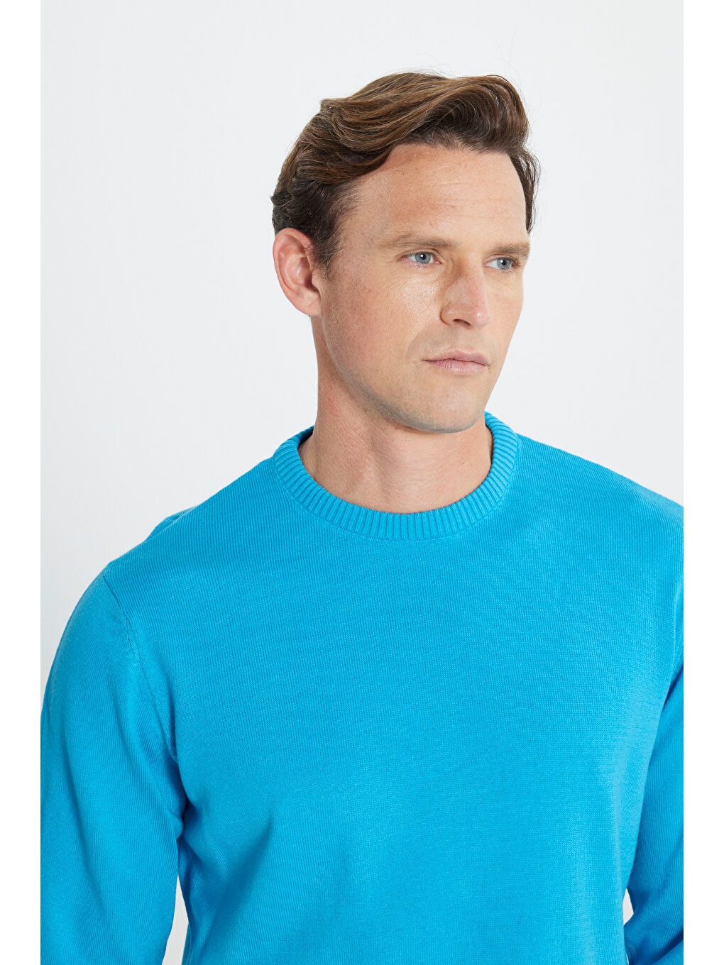 Erkek Turkuaz Anti-Pilling Tüylenme Yapmayan Standart Fit Normal Kesim Bisiklet Yaka Triko Kazak-3