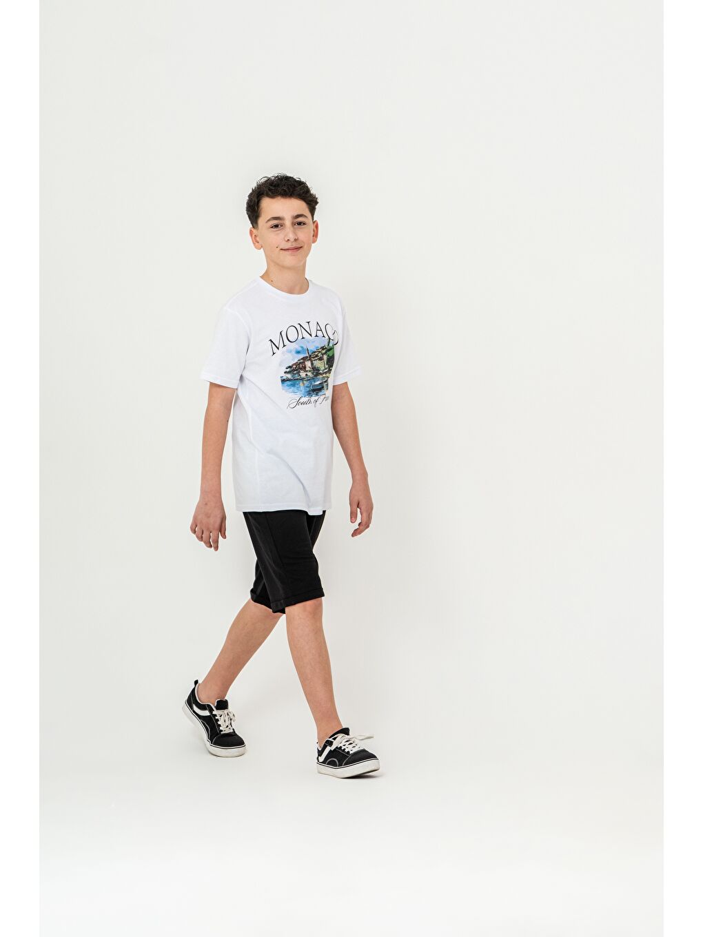 Siyah Ön Orta Baskılı Duble Paçalı Erkek Çocuk Şort - Tişört Takımı-1