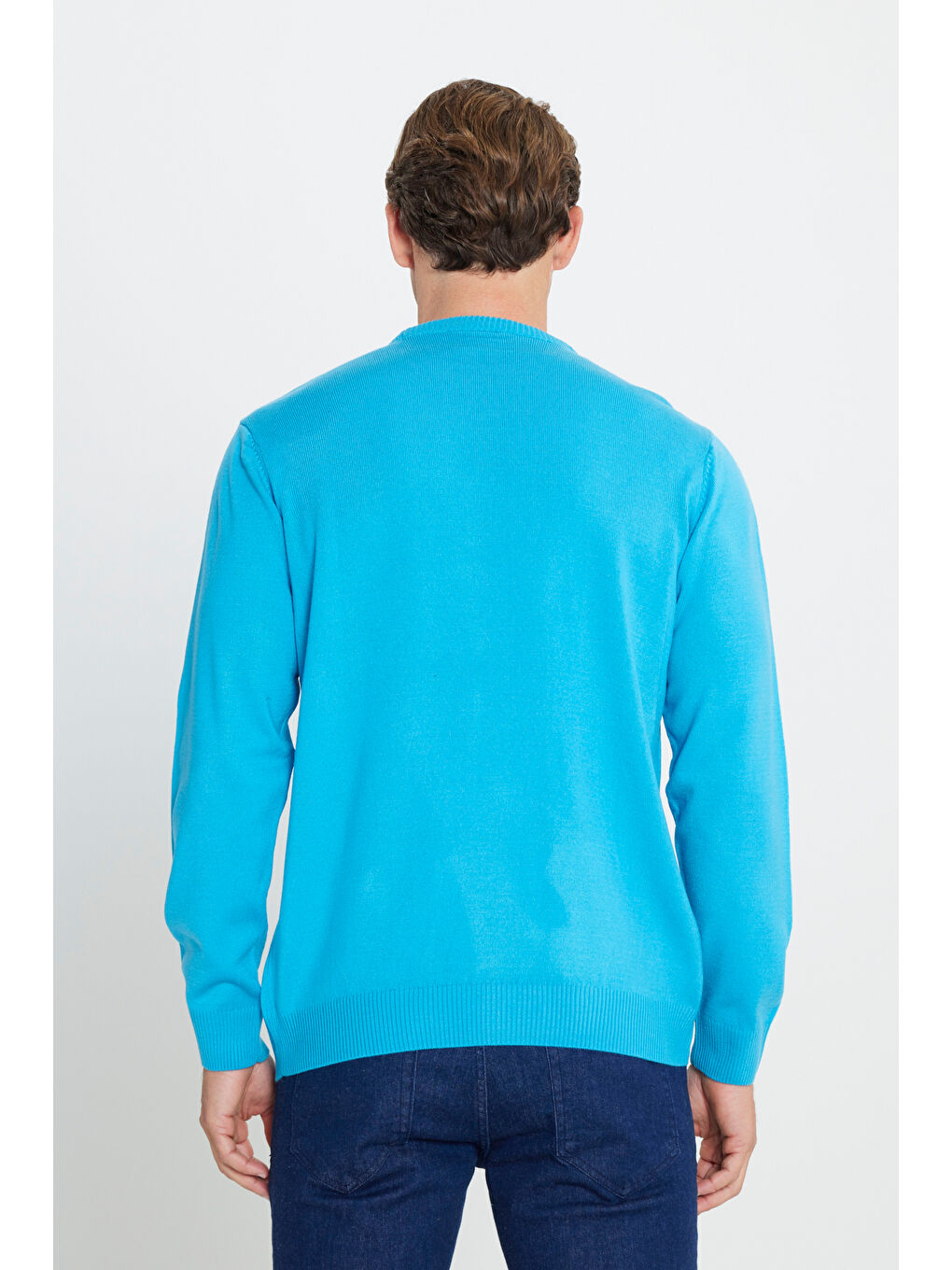 Erkek Turkuaz Anti-Pilling Tüylenme Yapmayan Standart Fit Normal Kesim Bisiklet Yaka Triko Kazak-4