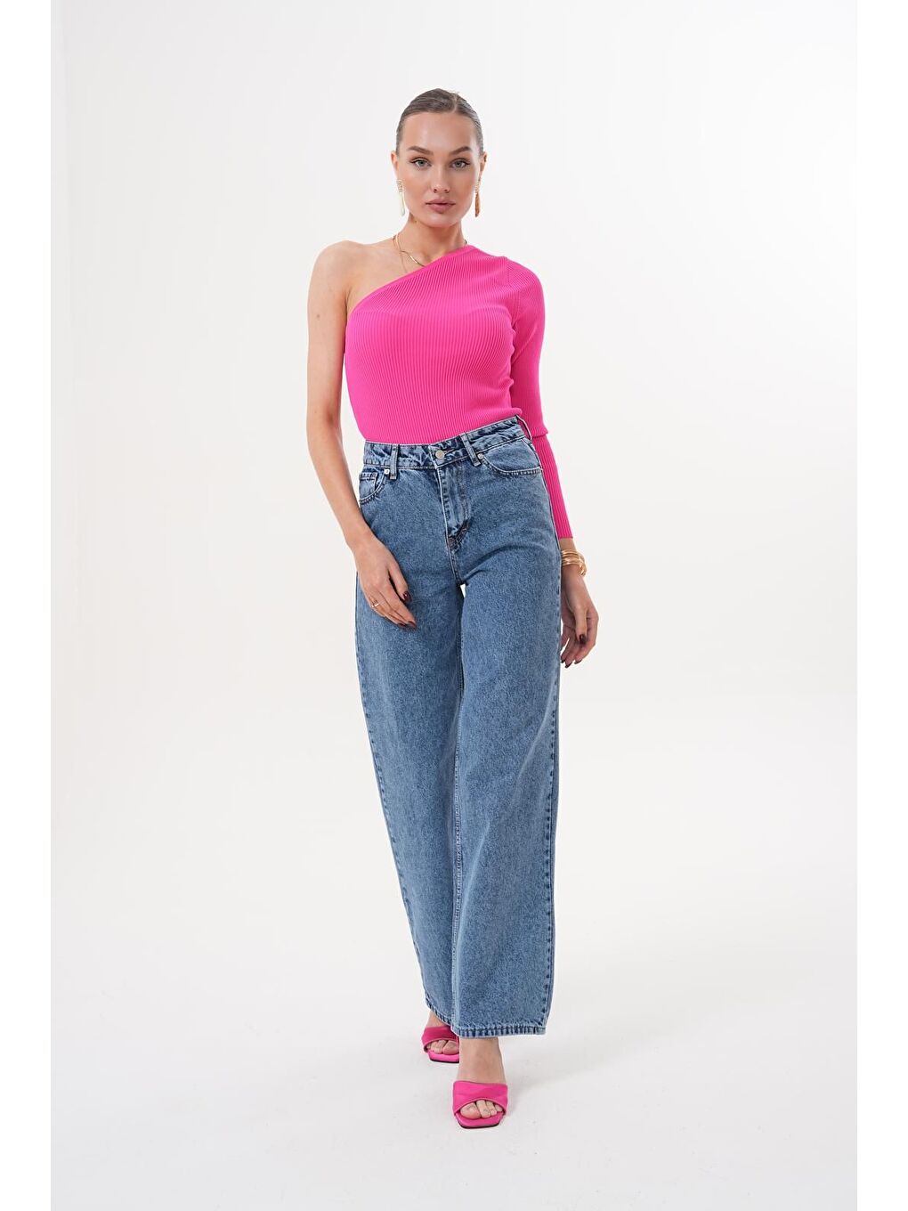 Kadın Palazzo Salaş Paça Süper Yüksek Bel Jean Pantolon Lacivert-1