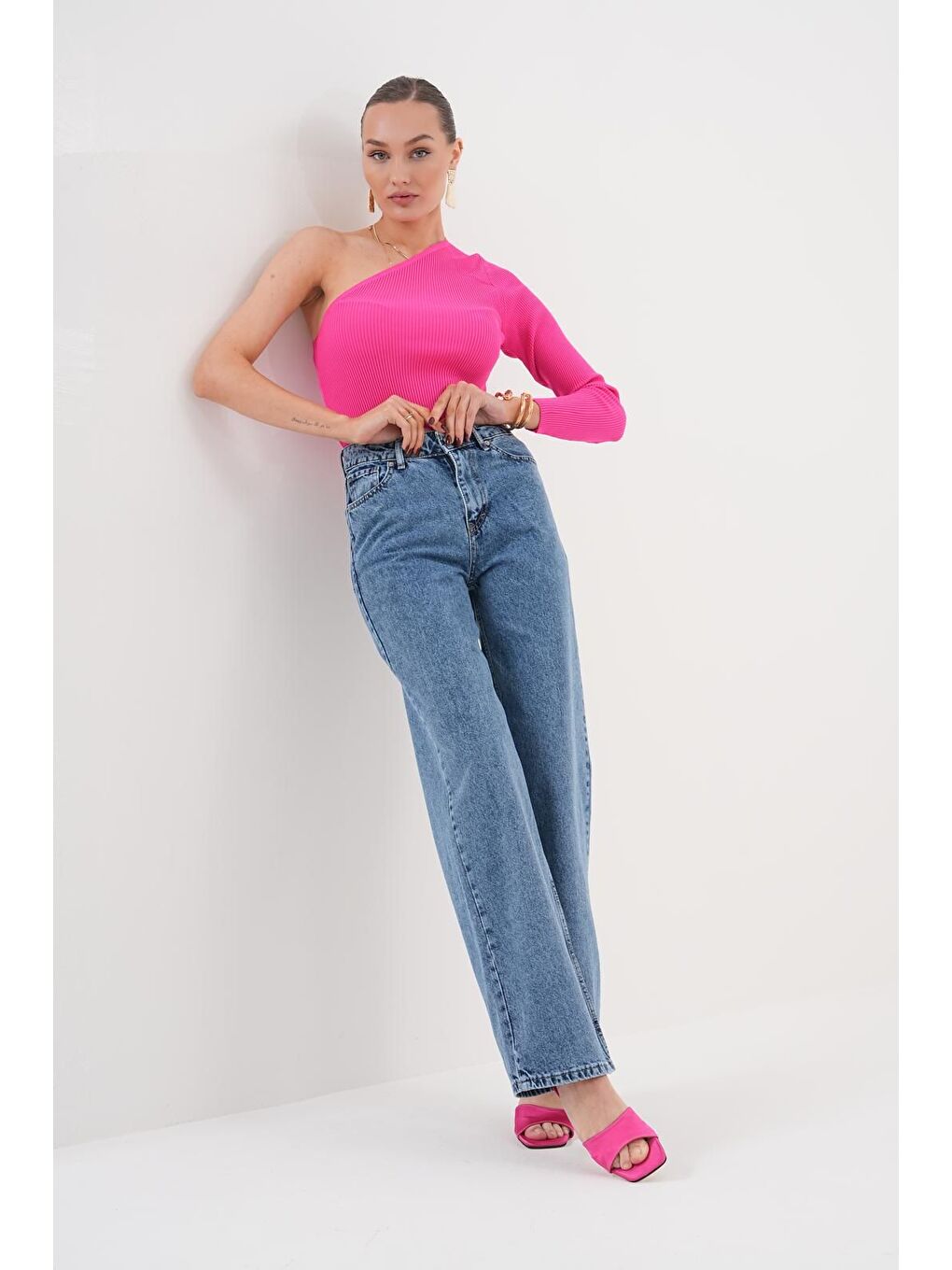 Kadın Palazzo Salaş Paça Süper Yüksek Bel Jean Pantolon Lacivert-2