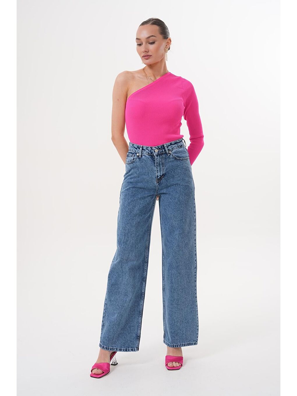 Kadın Palazzo Salaş Paça Süper Yüksek Bel Jean Pantolon Lacivert-3