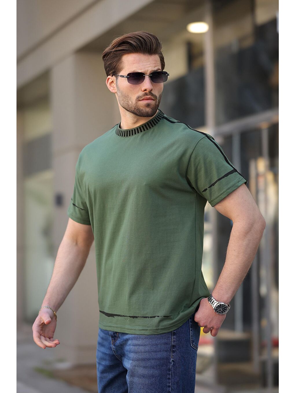 Haki Bisiklet Yaka Basic Erkek Tişört E7140