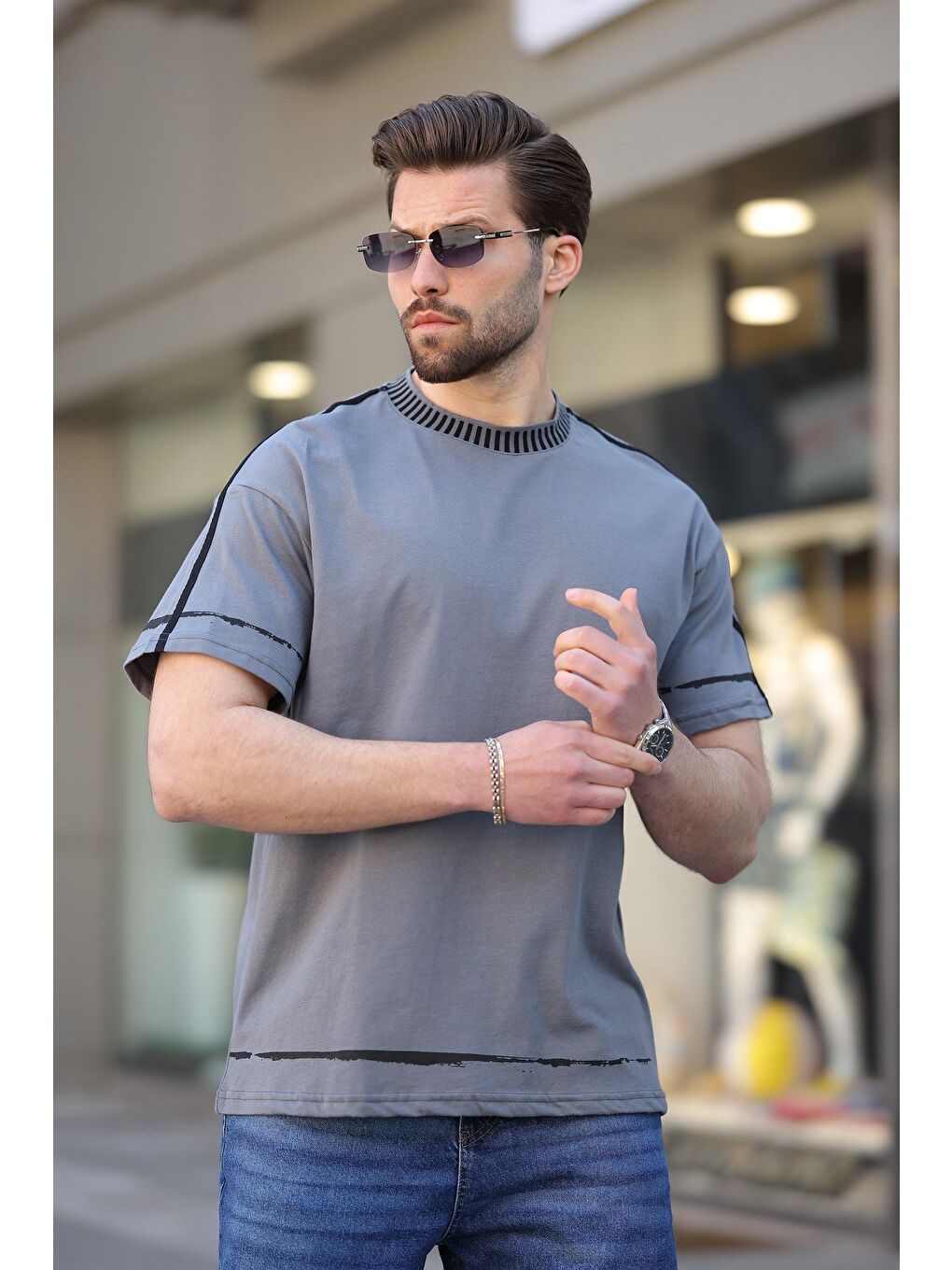 Gri Füme Bisiklet Yaka Basic Erkek Tişört E7140-1