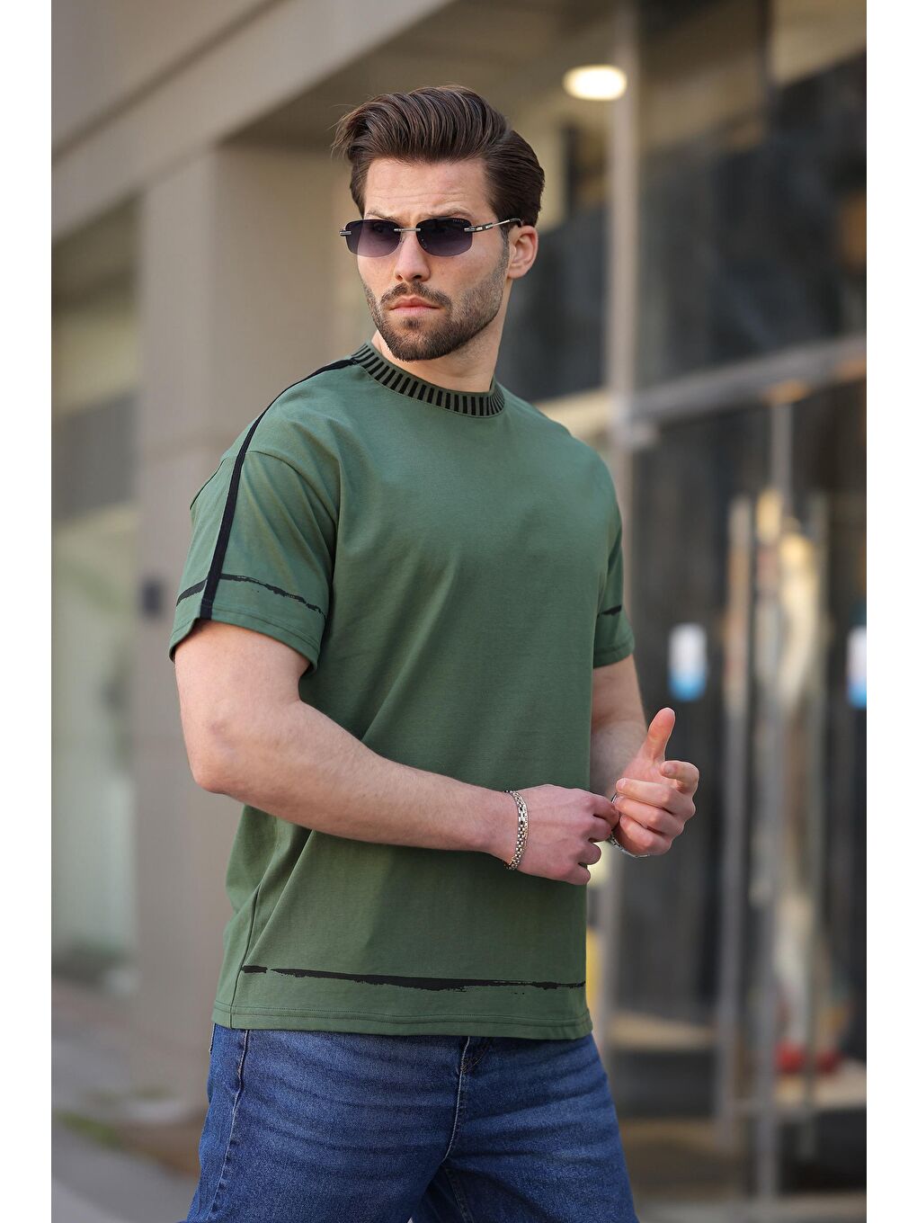 Haki Bisiklet Yaka Basic Erkek Tişört E7140-1