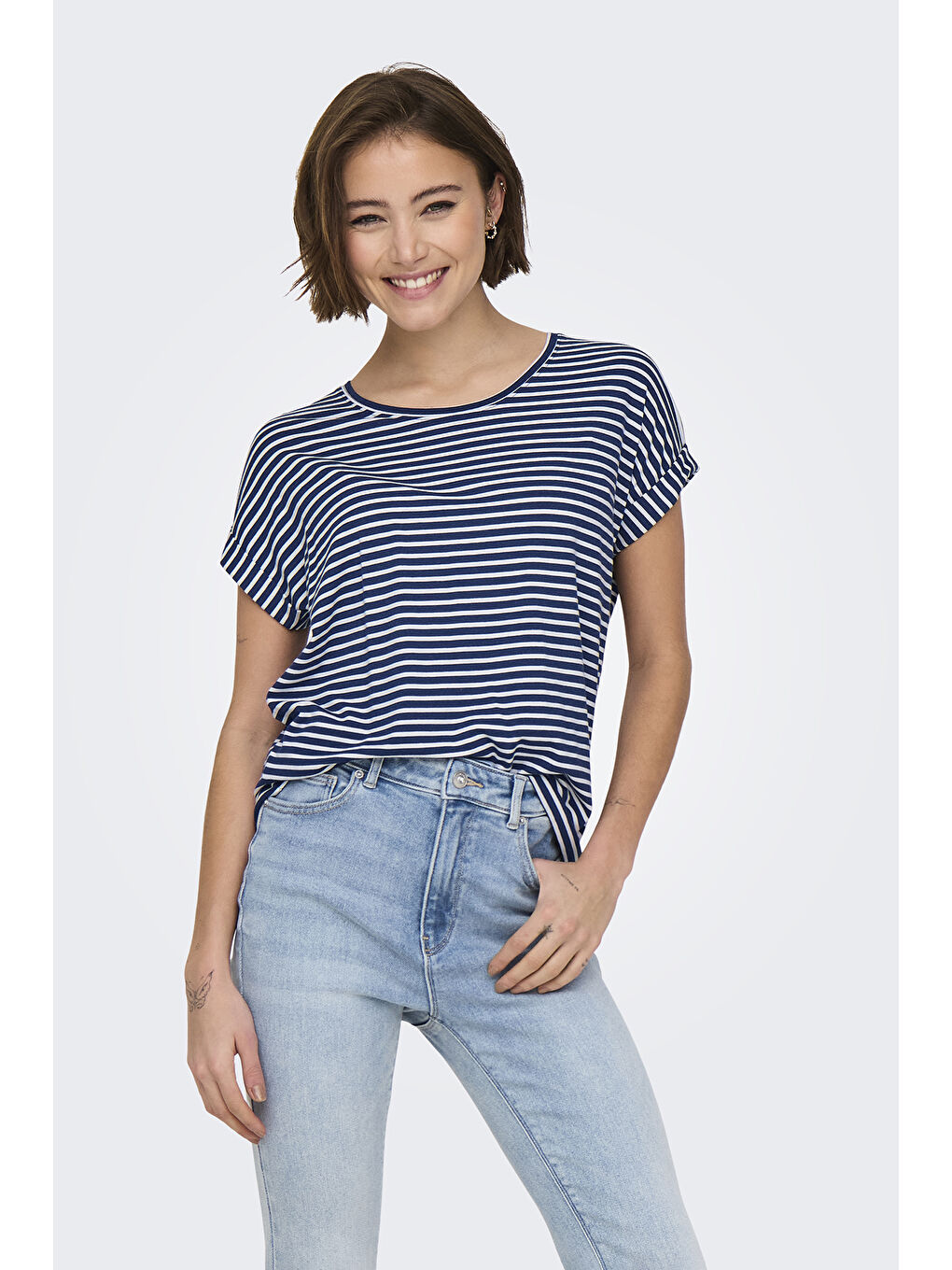 Lacivert Onlmoster Streç Çizgili Regular Fit Bisiklet Yaka Kadın T Shirt 15206243