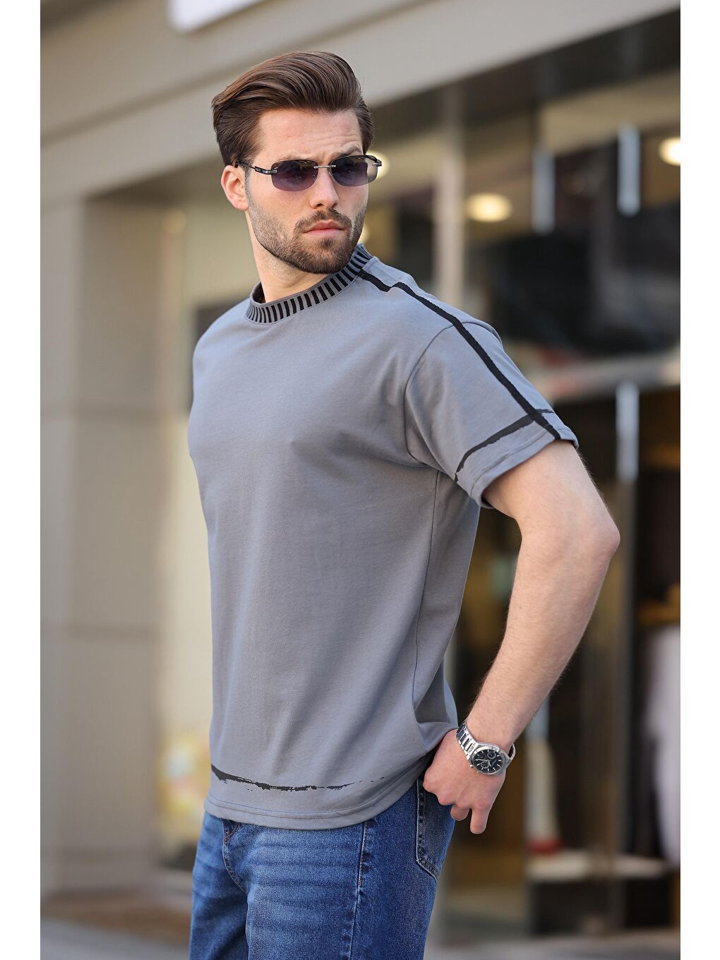 Gri Füme Bisiklet Yaka Basic Erkek Tişört E7140-2