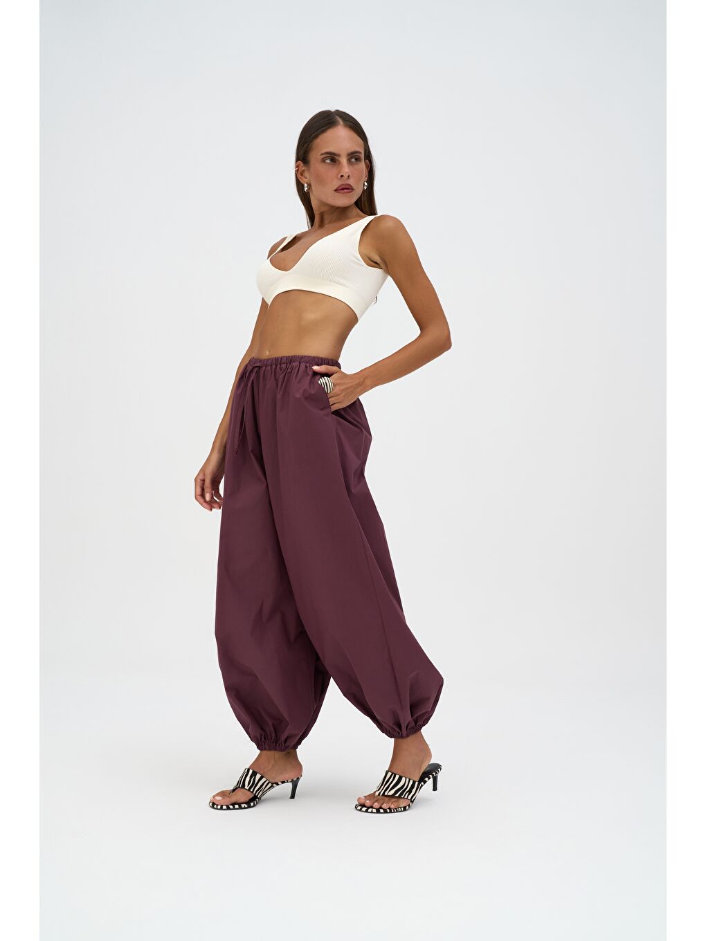 Velora Bordo Poplin Şalvar Pantolon-2